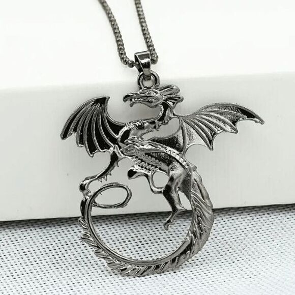 FLYING MYSTICAL DRAGON PENDANT UNISEX NECKLACE - Picture 2 of 6